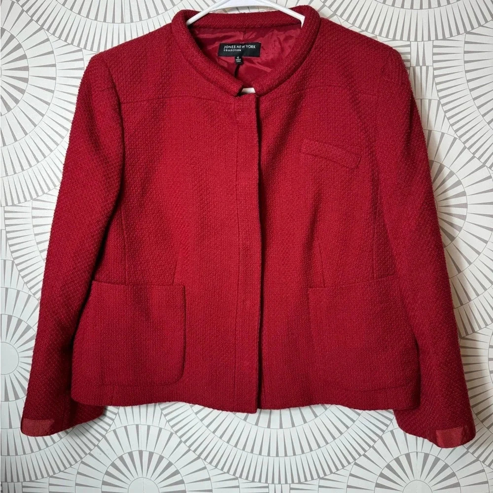 Jones New York Collection Women’s Red Blazer Hidden Front Buttons Pockets 16